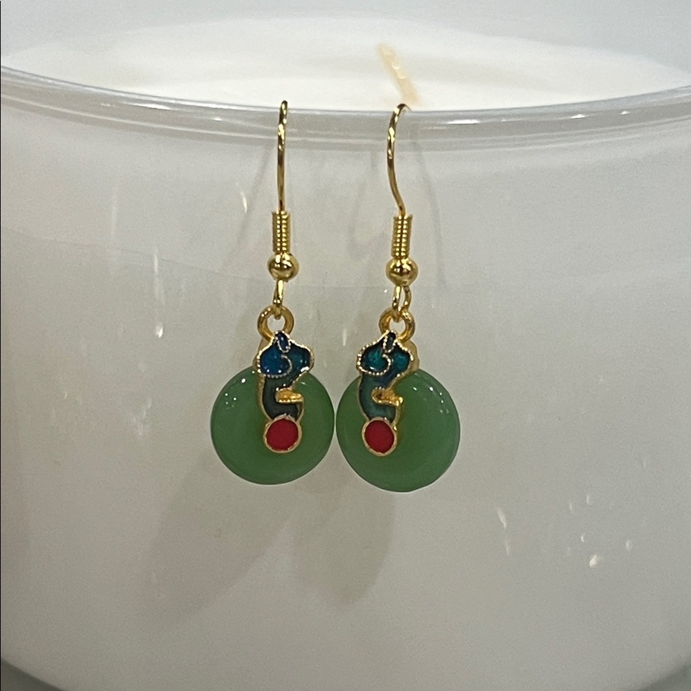 Green Jade Drop Earrings Gold Tone | Minimalist Dainty Stone Jewelry